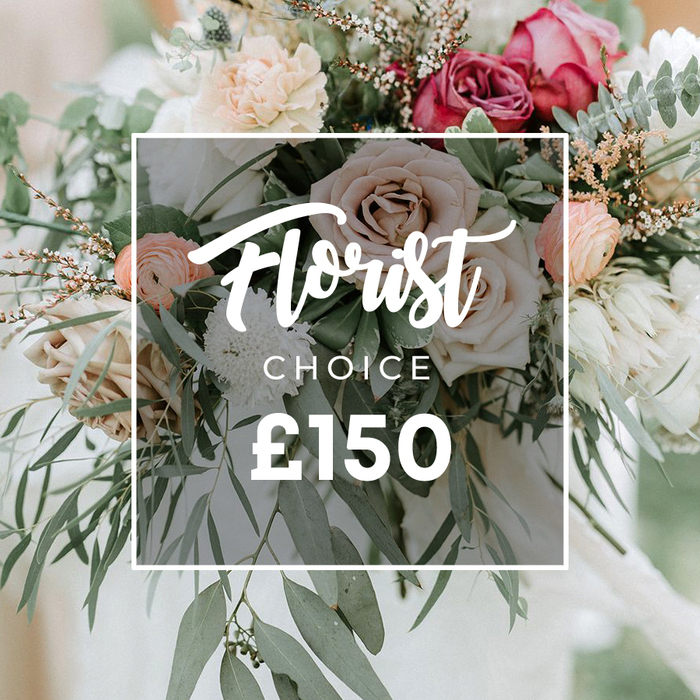 A softly lit, soft-focus portrait of a lavish hand-tied bouquet that exudes a modern romanticism with a touch of rustic charm. Dominant are pale pink and creamy white roses with tightly furled petals, complemented by ruffled peach ranunculus and hints of deeper fuchsia or burgundy for depth and drama. Smaller white textured blooms, perhaps chrysanthemums or delicate clusters, drift through the arrangement, while generous greenery-especially silvery eucalyptus leaves-adds a cool, contemporary edge. Finer foliage and tiny reddish-brown buds contribute texture and organic detail, giving the bouquet a slightly wild, garden-fresh feel. The overall style is elegant, natural, and current, ideal for a wedding, an intimate gift, or an upscale event decor piece. A semi-transparent white square overlay sits over the bouquet, and within it the words Florist Choice appear in a graceful script, with CHOICE in clean uppercase beneath; the price ?150 is presented in bold above the bottom edge. The background remains softly blurred, ensuring the flowers dominate the scene and the artistry is clear. This image communicates a premium, hand-designed floral piece, available for delivery or collection from Flowers New Barnet and suitable for celebrations across New Barnet and surrounding parts of north London, including Cockfosters and Monken Hadley.