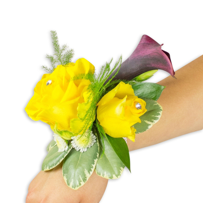 A carefully composed corsage rests along a pale forearm, photographed on a stark white backdrop so every nuance is visible: two radiant yellow roses dominate, one broader and unfurling, the other more intimate and cup-shaped, together suggesting buoyant cheer and close friendship. Each is adorned with a small, clear crystal at its center, a sparkling punctuation that lifts the arrangement into formal elegance. Rising just behind them, a single deep burgundy-plum calla lily creates a graceful arch, its sculpted form smooth and almost glossy, tempering the roses' exuberance with refined drama. Varied greenery knits the piece together: airy asparagus-fern creates a soft, feathery veil, while larger variegated pittosporum-style leaves with pale margins lend structure and a cool sheen. Little clusters of white button-like filler flowers are tucked into crevices to add fullness and a light, textural contrast. The corsage is affixed to the wrist with a low-profile band so the floral cluster sits diagonally across the frame from bottom-left to center-right, showing how it catches the light and moves with the wearer. There is a faint scent of fresh-cut roses and a clean, green undertone from the foliage, evoking springtime moments-perhaps an evening reception after a small ceremony near Monken Hadley Common or a celebratory gathering in High Barnet. Overall the composition reads as joyful and sophisticated, the kind of wearable bouquet a seasoned florist would recommend for prom, bridesmaids, or a guest of honour.