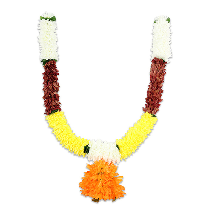 Set against a plain white field so every detail is visible, this traditional U-shaped toran reads like a small study in colour rhythm and tactile contrast. Each arm begins with a concentrated column of creamy-white florets-soft, cushiony forms resembling miniature chrysanthemums or silk pom-poms that give the top a calm, luminous quality. Beneath those pale caps a compact band of deep reddish-brown elements provides visual gravity: textured, layered pieces that look like flattened petals or dyed leaf-like shapes, suggesting a handcrafted, earthy counterpoint. As the garland sweeps downward the palette opens into a broad, lively band of golden yellow-densely packed marigold-like tufts that form the principal curve and convey cheer, auspiciousness and light. Narrow green accents appear at the junctions-tiny leaf-like marks or tied ribbons that punctuate the colour transitions and add subtle structure. The meeting point at the bottom is dominated by a substantial pendant: a rounded cluster of vivid orange petals, ruffled and voluminous, whose layered profile draws the eye and completes the composition with a warm focal glow.

Though constructed from artificial fibres and sturdy thread, the garland convincingly evokes the textures and presence of fresh blooms: a soft, almost satiny touch in the whites, a firmer, papery feel in the russet, and the springy resilience of the yellow and orange clusters. In a New Barnet home-hung over a doorway near the station or decorating a small shrine in a flat off Station Road-such a toran offers a durable, reusable decoration that reads both celebratory and reverent for Diwali, weddings, puja ceremonies and seasonal festivals.