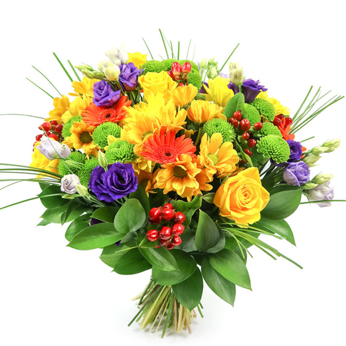 Set against a crisp white background, this vibrant hand-tied bouquet appears almost to float, its rounded shape and densely packed blooms creating a sense of generous abundance that would feel right at home on a dining table in New Barnet. The colour palette leans joyfully toward sunshine and warmth, dominated by bright yellows and oranges, yet thoughtfully balanced with cooler purples, fresh greens, and accents of rich red. Several yellow roses, with their perfectly layered, spiralling petals, nestle among clusters of yellow chrysanthemums and daisy-like flowers, together giving the impression of a small sunburst at the heart of the design. Interspersed among them are striking orange gerbera daisies, each bloom with a strong central disc and radiating petals that bring a lively, modern energy, reminiscent of cheerful storefronts near Oakleigh Road or the bustle of New Barnet station. Deep purple lisianthus blooms and buds weave through the warmer tones, their gently ruffled petals and slender stems adding both softness and vertical movement. Compact lime-green button chrysanthemums punctuate the arrangement with crisp, spherical forms, providing a refreshing counterpoint that highlights the vibrancy of the yellows and oranges. Here and there, clusters of shiny red hypericum berries emerge from the greenery, their smooth, waxy skins catching subtle reflections of light and suggesting festivity and celebration. A collar of dark green foliage, likely Ruscus, encircles the base, its broad, glossy leaves grounding the composition in rich, natural colour, while fine blades of ornamental grass stretch and curve upwards, giving the bouquet a light, airy lift. The exposed stems are neatly aligned and tied at the base, reinforcing the impression of a freshly crafted gift bouquet, ideal for birthdays, anniversaries, or simply to brighten a New Barnet home with a burst of seasonal colour.