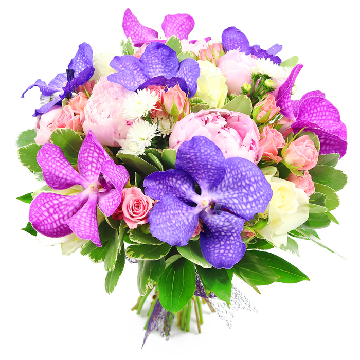 Set against a bright white background that emphasises every subtle shade, this lush bouquet appears almost to float, like a vivid bloom of colour above a New Barnet windowsill on a clear afternoon. Several large Vanda orchids are the immediate focal point: some in intense indigo-purple, others in bold fuchsia and magenta, their wide petals decorated with delicate, speckled veining that looks almost hand-painted. Between these exotic flowers, soft pink peonies open fully, their many layered petals creating a pillowy, romantic texture that contrasts beautifully with the sleeker orchids. Clusters of smaller flowers weave through the design-light pink spray roses, peachy-pink rosebuds, and a few creamy white or very pale yellow standard roses-each adding a touch of elegance and charm, like little echoes of a cottage garden tucked away off Station Road. Tiny white filler blooms, likely chrysanthemum or aster varieties, are scattered here and there, breaking up the bolder colours and lending a sense of intricate detail when viewed up close. A rich base of greenery anchors the entire arrangement: broad, glossy leaves catch the light, while smaller, possibly variegated foliage adds layers of depth and a natural, garden-fresh feeling. The stems are gathered neatly and bound with a refined purple ribbon, hinting at careful, professional floristry perfect for presentation as a gift. The overall palette-ranging from deep purples and fuchsias to blush pinks, peaches, and creamy whites, all supported by vibrant greens-creates a bouquet that feels celebratory yet refined, ideal for marking special occasions or brightening homes across New Barnet with a touch of floral luxury.