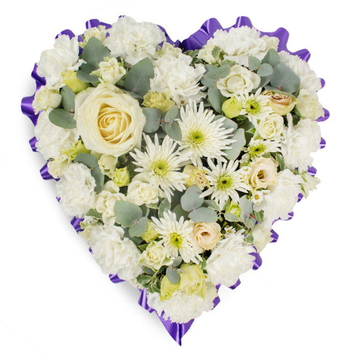 A meticulously arranged heart-shaped sympathy tribute rests against a clean white background, its details captured so clearly that each bloom seems almost touchable. At the heart of the design is a single, elegant creamy white rose, perfectly centred, its petals curling inward like a calm embrace. Surrounding this focal rose, a lavish covering of white carnations creates the main body of the heart; their frilled petals overlap tightly, giving the surface a pillowy, almost cloud-like appearance that suggests softness, comfort, and care. Threaded through this base are long-petalled white spider chrysanthemums and small daisy-style flowers, their fine, radiating petals introducing gentle movement and visual interest, while their soft green centres add just a hint of freshness. Sprinkled among the larger blooms are smaller cream roses, some open, some still in bud, contributing a sense of unfolding time and treasured moments shared in New Barnet homes and gardens. Slim stems of blue-green eucalyptus extend between the flowers, their rounded leaves providing a cool, silvery contrast that keeps the all-white palette from feeling stark. The entire heart is framed by a deep purple ribbon meticulously gathered into a ruffled border, tracing every curve of the shape. This rich, solemn purple edge creates a striking outline and lends a formal, respectful air to the tribute, as if marking the boundary between memory and farewell. The arrangement has a gentle dome, rising slightly towards the centre for a cushioned effect, the flowers placed so close together that no gaps interrupt the design. It feels like a lovingly crafted piece you might see delivered by a trusted New Barnet florist to a local funeral service, expressing sympathy, remembrance, and enduring love when words are too hard to find.