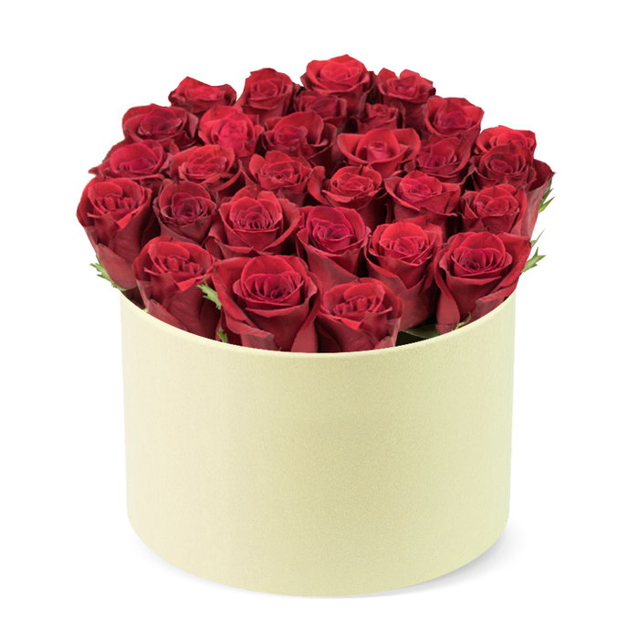 An artful study in red, this dozen or more crimson roses is densely packed to form a compact dome that fills a round cream box. The roses' petals are deeply velvety, with subtle depth of color that shifts from ruby to burgundy as the light moves. A fringe of dark green foliage peeks through the heads, adding a breath of forest freshness against the sea of red. The container, smooth and ivory with a satin-matte finish, frames the blooms with understated luxury, a nod to modern design while the form remains classically romantic. The arrangement is photographed from a slightly elevated, three-quarter angle, against a pure white background that heightens the sculptural effect and keeps the focus on texture and color.
In New Barnet, it signals a refined gift choice for Valentine's, anniversaries, or celebrations, with delivery available across EN5 and into neighboring areas such as Cockfosters and Monken Hadley. The fragrance of red roses would bloom as the bouquet settles, the petals soft to the touch, the hand-placed symmetry a mark of craft. The result is an elegant, confident statement of love that can suit contemporary homes or traditional decor, a versatile gift that arrives with care and assumed reliability from a trusted local florist servicing the community.