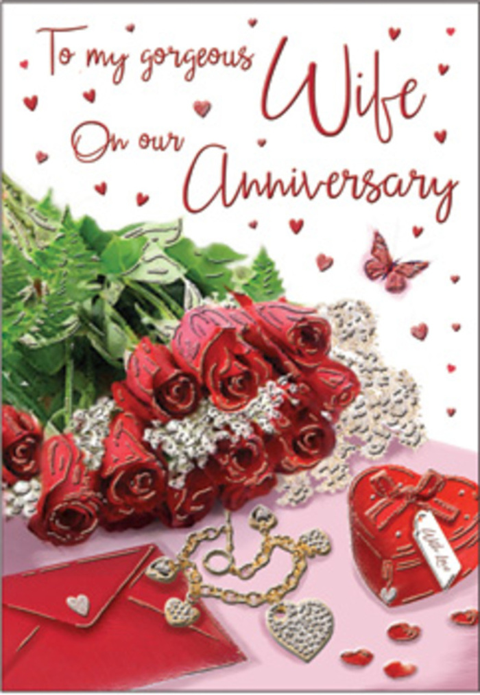 In this richly detailed anniversary card artwork, a bouquet of classic red roses takes centre stage, arranged as carefully as if it had just been hand-tied in a New Barnet flower shop. Each bloom is luxuriously full, the petals dense and velvety, layered in deep crimson tones that suggest enduring affection and quiet passion. The roses are wrapped and framed by lush green foliage, the leaves slightly glossy, echoing the freshness you might feel when receiving a bouquet delivered from a nearby florist after a stroll through Victoria Park. Surrounding the flowers is a delicate interplay of textures: whisper-thin lace edging, soft fabric ribbons, and subtle heart motifs that draw the eye around the card. Nestled among these details are a jewellery set and a vivid red box, each piece positioned with care as if curated from years of exchanged anniversary gifts. The jewellery's metallic surfaces glimmer gently, hinting at gold or silver without overpowering the warm tones of the roses. The background holds a softly scripted message, the text flowing like a personal note written at the kitchen table of a New Barnet home, while gentle shadows create depth and intimacy. Hints of velvet, silk, and polished metal combine visually to evoke the sensation of a warm embrace and a hand held just a little tighter. The overall atmosphere is deeply romantic yet reassuringly familiar, capturing not just a single milestone, but the comforting rhythm of many shared years and the promise of more celebrations to come.