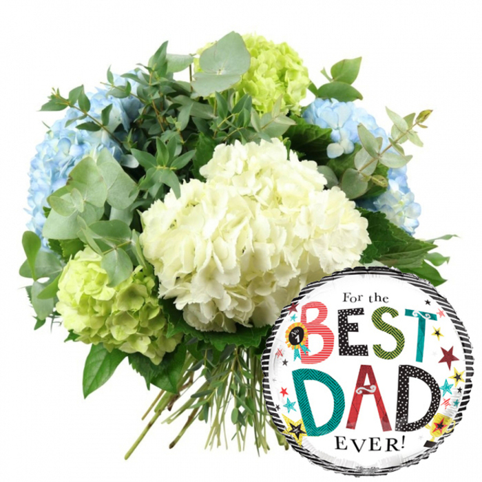 A bright, celebratory Father's Day arrangement is captured here in a simple studio-style shot, the white background allowing every detail to stand out as if on display in a New Barnet shop window. Dominating the upper left and centre of the image is a lush bouquet of hydrangeas, hand-tied so that the flower heads form a generous, domed silhouette. At the centre, several large clusters of creamy white hydrangeas create a soft, luxurious heart to the design, their countless small petals forming a delicate, frothy texture. These are framed by light blue hydrangeas that bring in a gentle coolness, reminiscent of a peaceful stroll through nearby parks on a sunny day. Interspersed among them are vivid lime green hydrangea clusters, particularly noticeable at the lower left and right, offering a fresh, contemporary pop of colour that keeps the palette lively rather than overly formal. Silvery-green eucalyptus sprigs with their round, slightly dusty leaves wind between the blooms, joined by darker green foliage for contrast, adding structure, fragrance, and a natural, garden-fresh feel-much like a bouquet just gathered from a well-tended New Barnet garden. At the base, the straight green stems are clearly visible and neatly gathered, emphasising the hand-crafted, florist-made character of the arrangement. In the lower right corner of the image, slightly overlapping the flowers, a glossy round foil balloon adds a joyful finishing touch. It features a bright white centre encircled by bold black and white striped bands at the top and bottom edges. Across the middle stretches the message For the BEST DAD EVER! in an energetic mix of fonts and colours. The words BEST and DAD stand out with patterned letters-reds, teals, greens, polka dots, and stripes-while For the and EVER! appear in smaller, simpler black type. Around the text, star shapes and tiny confetti-like dots in yellow, red, teal, and black scatter playfully, along with a small No. 1 rosette graphic that quietly proclaims Dad as the family champion. The overall mood is warm, affectionate, and upbeat: an ideal image to represent thoughtful Father's Day flowers and balloon delivery across New Barnet and the surrounding area.