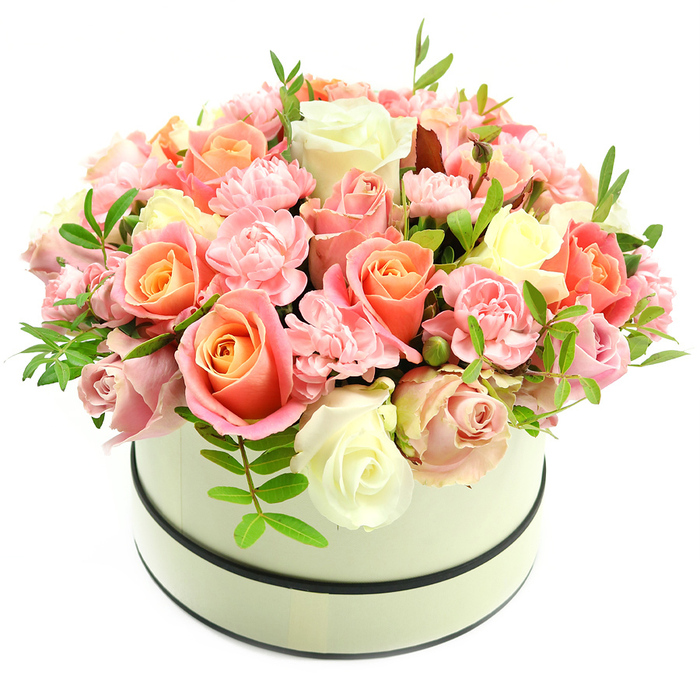 An artful bloom arrangement swells from a round, cream-coloured hatbox, its matte surface punctuated by two slim dark bands that give the vessel a refined, timeless quality. The flowers form a compact, domed bouquet in which large roses take the lead - their petals unfurling from concentrated coral-peach and apricot hearts into softer blush and ivory edges - creating a warm, layered palette that feels both romantic and modern. Nestled in the gaps are numerous petite, ruffled carnations in pale pink, their frilly textures adding softness and dimensionality that enhance the fullness of the display. Bright, narrow-leaved greenery appears sparingly, lifting and separating groups of blooms while introducing a fresh, slightly glossy contrast. Photographed against a clean white backdrop and suffused with gentle, even light, every subtle hue and petal curve is visible: the velvety finish of rose petals, the delicate serrations of carnation edges, and the tender interplay of shadow and highlight across the dome. There is a faint, powdery perfume suggestion in the composition - the delicate scent that comes when roses and fresh foliage are combined - making the piece ideal for intimate occasions. This hatbox bouquet is particularly fitting as a premium gift for birthdays, anniversaries, Mother's Day, or a romantic surprise in the New Barnet area; customers often have it sent to addresses near Station Road, the High Street, or homes bordering Monken Hadley Common when they want an understated yet luxurious floral statement.