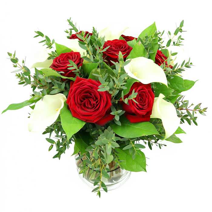 A full, rounded bouquet of deep red roses and white calla lilies is showcased in a simple clear glass vase, set against a seamless white backdrop that lets every colour and texture sing, much like a carefully styled centerpiece on a New Barnet dining table. The arrangement features several large, fully bloomed red roses whose velvety petals unfurl in lush spirals, each petal a rich crimson that darkens toward the center, suggesting depth and intensity. Between the roses, pristine white calla lilies rise in elegant arcs, each bloom shaped like a smooth, sculpted trumpet, with a softly glowing yellow spadix at its heart. These contrasting forms-the rounded roses and sleek callas-create a harmonious rhythm throughout the bouquet. Around them, an abundance of greenery provides structure and movement: fine, slightly curved eucalyptus stems in muted blue-green tones add a light, trailing texture, while broader, glossy emerald leaves sit lower in the design, forming a solid, verdant collar that frames the flowers. The stems are visible through the cylindrical vase, neatly aligned in clear water, with a faint ribbed detail at the base catching highlights from the overhead lighting. The bright, even illumination enhances the vibrancy of the red roses and the clean purity of the white lilies, casting soft shadows that reveal the natural curves of each petal and leaf. This bouquet feels refined yet heartfelt, the sort of design a New Barnet florist would recommend for a wedding anniversary, Valentine's Day delivery across EN5, or a thoughtful romantic gesture sent to a loved one near Oakhill Park. It radiates an atmosphere of quiet sophistication, ideal for moments when you want your flowers to speak clearly of admiration and enduring love.
