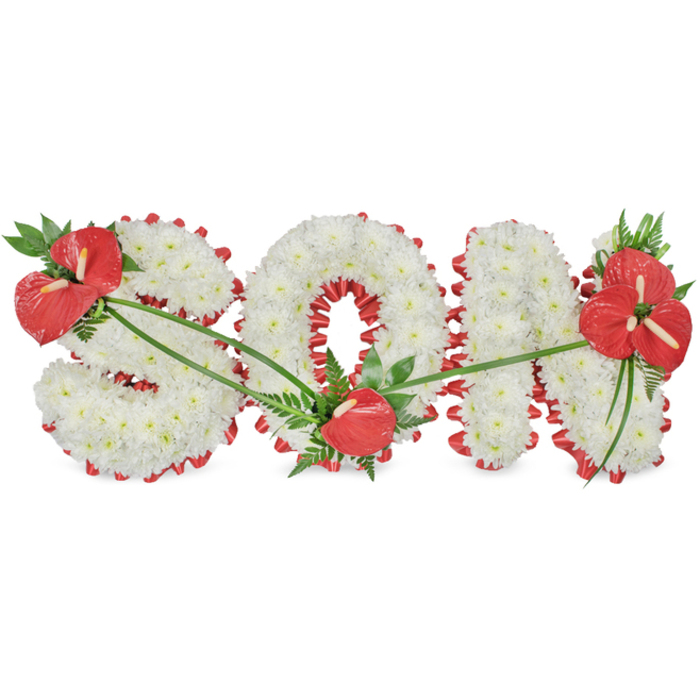 In this image, the word SON is beautifully rendered as a floral tribute, the three capital letters arranged in a neat line and photographed against a clean white background that makes every detail stand out. The florist has built each letter on a sturdy frame, then completely covered the surface with countless white chrysanthemums, placed closely together so they form thick, velvety cushions of bloom. The petals are crisp and neat, evoking purity and a sense of quiet, respectful stillness, as you might expect at a chapel of rest or funeral home around New Barnet. Encircling each letter is a vivid red satin ribbon, gathered into gentle scallops that peek just beyond the compact white flowers. This ribbon not only defines the silhouettes of the S, O, and N, but also introduces a rich, emotional red that speaks of love and enduring connection. The arrangement is given further depth through three purposeful clusters of red anthuriums, whose striking, heart-shaped spathes appear almost polished under the light. One lush grouping sits on the upper left of the S, mixed with glossy foliage and airy fern fronds. A single, slightly smaller anthurium nestles into the lower curve of the O as a subtle accent, while a fuller cluster, with multiple red blooms and strong green leaves, adorns the upper right of the N. Fine, trailing green leaves or grasses sweep delicately between the letters, threading the clusters together and softening the structured shapes. The tribute feels handcrafted and deeply personal, the sort of bespoke sympathy arrangement that might be ordered for a New Barnet funeral, offering a dignified, heartfelt farewell to a treasured son.