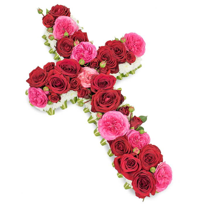 A solemn yet beautifully romantic floral cross rests on a bright white background, its classic shape entirely composed of roses in rich shades of crimson red and fuchsia pink. The central body of the cross is heavily clustered with large red roses, each one fully open and luxurious, revealing spiralling layers of velvety petals that catch the light along their gently curled edges. Interwoven among them are generous heads of vibrant pink garden roses, whose softly frilled petals bring movement and lightness, lifting the design with a hint of gentle joy amid sorrow. Tiny rosebuds in coordinating tones peep out from between the larger blooms, giving a sense of depth and suggesting both the beginning and continuation of precious memories. The cross is neatly finished with a refined border of small white blossoms, likely compact chrysanthemums or dainty spray carnations, carefully aligned to create a pure, clean frame that defines the silhouette and symbolises peace and spiritual comfort. Occasional slivers of fresh green foliage and possibly a slim ribbon backing are just visible beneath the profusion of flowers, reflecting experienced, meticulous arranging. The lighting is clear and even, allowing the reds to appear deep and heartfelt while the pinks glow softly, all contrasted beautifully by the white border and background. Intended as a funeral or memorial tribute, this floral cross feels particularly suited to quiet services in New Barnet, intimate gatherings near Hadley Common, or commemorations at local chapels, where families wish to honour a loved one with a meaningful expression of faith, love, and remembrance crafted by a local florist who understands the community.