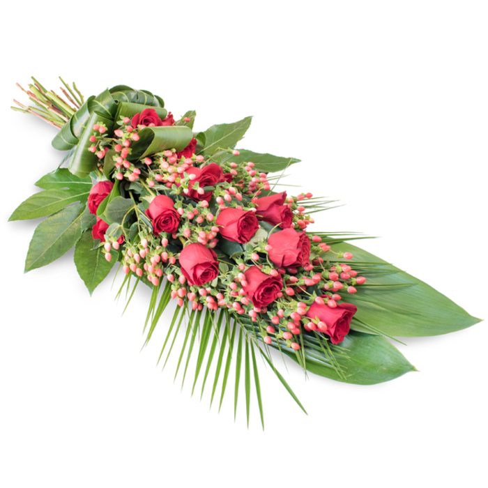 An elongated funeral spray of red roses and berries is photographed on a pristine white background, the composition running diagonally from the upper left to the lower right, as if gently guiding the eye along a final path of farewell. At the upper left, where the stems converge, a wide band of wrapped green leaf or foliage secures the bouquet, forming a neat handle that signals the spray is meant to be laid flat for a funeral or cremation service in and around New Barnet. From this gathered point, the tribute opens into a flowing, tapered shape: full in the centre, then narrowing toward the opposite tip, creating a classic teardrop or sheaf silhouette. The length of the spray is richly lined with deep red roses, around two dozen in total, at different stages of bloom. Some roses remain tight and youthful, while others are partially or fully open, their plush petals spiralling outwards and catching the light, symbolising a life remembered through every age and chapter. Nestled between these roses are generous clusters of small Hypericum berries in soft coral-pink to pinkish-red shades, adding a gentle, bead-like texture and a slightly lighter red tone that breaks up the intensity of the main blooms. The foundations of the design are built from robust, dark green foliage: wide, shiny leaves-possibly Salal or Ruscus-create a dense, structured base, while feathery palm fronds and finer stems arc outward, giving the arrangement a sense of breath and movement reminiscent of the tree-lined streets and gardens surrounding New Barnet station. The white backdrop isolates the spray beautifully, allowing the rich colours and meticulous layering of flowers and foliage to convey quiet sorrow, gratitude, and respect for a life well lived.