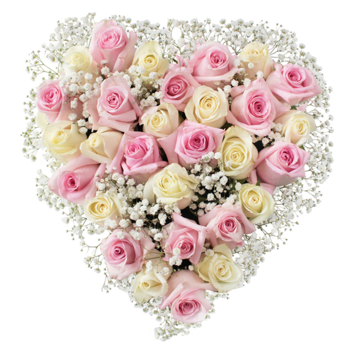 Placed thoughtfully at the centre of a clean, white canvas, this sophisticated heart-shaped floral arrangement captivates with its delicate harmony of colours and textures. Around two dozen luxurious roses - seamlessly alternating between pastel pink and softly buttered cream - are densely woven to form a flawless heart, each bloom displaying the unique swirl of velvety petals. Between the roses, countless tiny white baby's breath blossoms impart a gentle, cloud-like softness, reminiscent of an early spring morning in New Barnet's green parks. The roses themselves are in peak condition, some just beginning to open, others in generous full bloom, lending the piece a natural depth and vibrancy. Meticulous attention is evident in the evenness of the heart's shape, the careful scattering of gypsophila, and the interplay of light and shadow across the floral surface. The result is an evocative composition, glowing with love, grace, and tranquility. From farewell tributes at East Barnet Cemetery to tokens of affection for cherished ones across the area, this floral heart's serene palette and perfect symmetry evoke abiding affection and sensitive care, embodying the tradition and artistry of local New Barnet florists.
