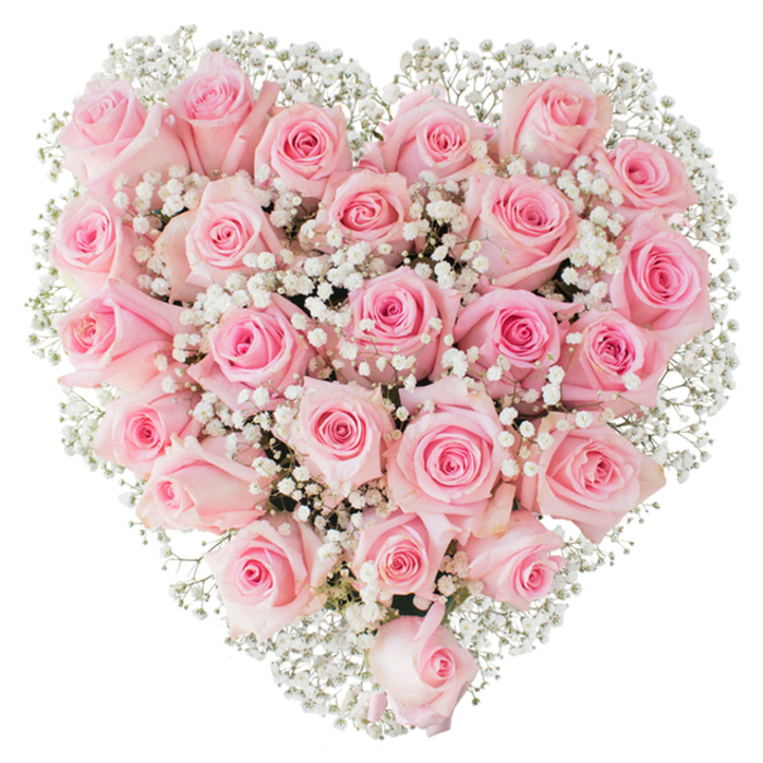 This image shows a generous, heart-shaped floral composition entirely covered in soft pink roses and sprinkled with tiny white gypsophila, photographed against clean white paper so every petal and gap reads clearly. Around two to three dozen roses are tightly grouped to form a symmetrical heart: the petals range from barely-there blush to a warm, rosy midtone, and their surfaces appear satin-smooth under bright, even lighting that accentuates each curl and spiral of the blooms. The gypsophila - baby's breath - is used as a delicate counterpoint, its miniature white flowers like flecks of light that soften the rose mass and add a feathery texture along the heart's edges and between blooms. Some blossoms sit as compact buds while others are partially open, creating a gentle variety of shape and form that a florist relies on to convey intimacy and depth. The overall mood is one of tenderness and refined romance: a presentation suitable for Valentine's Day, an anniversary, a wedding tribute, or a respectful, loving gesture. Local residents who know the neighbourhood might picture this being prepared by Flowers New Barnet in a studio near New Barnet Station or carried across Station Road toward Brunswick Park - a familiar, lovingly made bouquet that reads as both elegant and reassuring.