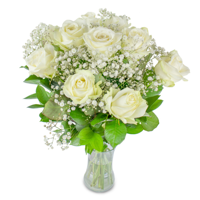This composition of about twelve immaculate white roses and a cloud of gypsophila is a study in refined calm, presented on a bright white field that draws attention to every petal and leaf. Each rose displays a different moment in its bloom cycle-the outer petals smooth and luminous, the inner spirals tighter and more intimate-which gives the bouquet a living cadence. The baby's breath fills spaces between the roses with innumerable tiny white points, producing an ethereal, starlit texture that reads like softened snowfall against the fuller roses. Darker and lighter green leaves sit beneath and between the flowers, their cool satin surfaces creating a lush frame that grounds the arrangement visually and texturally. The clear glass vase is straightforward and honest, revealing the orderly stems and water level, a small detail that signals freshness and professional care. Bathed in diffuse studio light, the petals show a creamy warmth, and the whole arrangement emits a discreet, fresh scent reminiscent of greenhouse mornings. From a florist's perspective serving New Barnet and nearby areas such as East Barnet and the shops around the High Street, this bouquet is versatile-equally suited to weddings, milestone anniversaries, and moments of remembrance where restraint and dignity are desired. It feels like a quiet ceremony in bloom: composed, intentional, and tenderly made to calm and to console while celebrating the simple beauty of well-tended flowers.