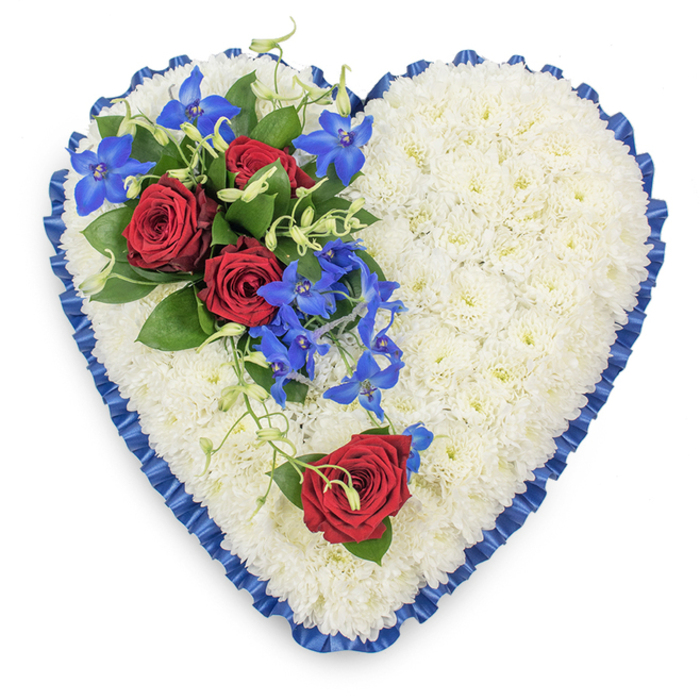 The photograph presents a heart-shaped sympathy tribute laid out in a top-down view, allowing every nuance of its composition to be appreciated as if you were standing over it in a New Barnet funeral chapel. The body of the heart is formed entirely from tightly clustered white chrysanthemums, their small, daisy-like heads packed so closely that they create an almost seamless blanket of petals. This snowy surface feels calm, gentle, and pure, like a soft cushion crafted from light itself, capturing the quiet mood that often surrounds farewell services near New Barnet High Street or Barnet Road. Encasing the heart is a border of rich royal blue satin ribbon, neatly pleated or ruffled so that the edge ripples lightly, catching hints of reflection as it curves around. This deep blue trim adds structure and a sense of ceremonial dignity, balancing the softness of the white mums. In the upper left area, a striking floral spray is arranged asymmetrically, drawing the eye: three open red roses, their velvety petals spiralling outwards in perfect formation, sit amongst polished dark green leaves. Their crimson colour speaks of deep love, loyalty, and remembrance. Threaded between and draping from this cluster are bright electric blue dendrobium orchids or similar exotic blooms, their star-shaped petals and inky blue tones creating a dramatic contrast against the white base. Fine, curling green tendrils weave through, lending movement and a hint of natural wildness. Mirroring this focal point, though in a gentler echo, a single red rose is placed on the lower right curve of the heart, accompanied by a touch of foliage, like a final whispered goodbye. Overall, the tribute radiates respect and tenderness, an arrangement a New Barnet family might choose to honour someone dearly loved, whether for a church service, crematorium farewell, or private memorial.