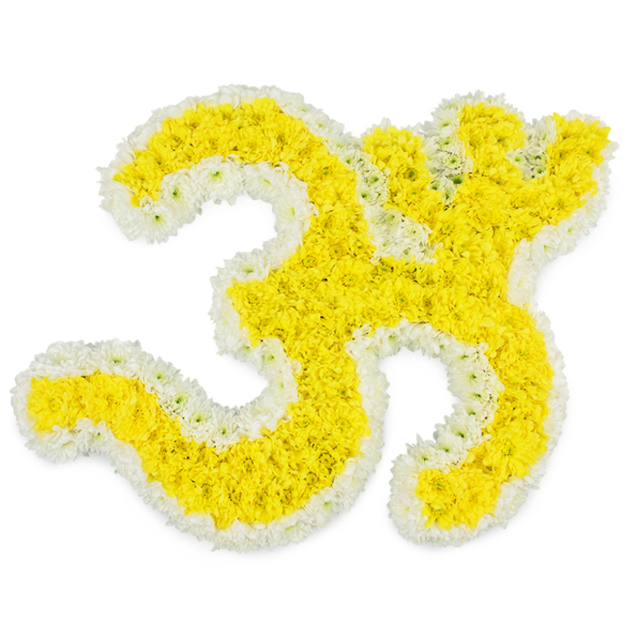 An elegant Om-shaped funeral tribute made of fresh yellow and white flowers is pictured against a pristine white background, the sacred symbol rendered with exceptional precision and care. The sweeping lower curves, the rounded central form, and the distinctive crescent with its separate dot are all filled with compact clusters of vivid yellow blooms, giving the design a warm, luminous heart. The flowers, likely small chrysanthemums or marigolds commonly used in South Asian ceremonies, are packed so closely that no gaps of greenery show through, creating a smooth, pillowed surface that feels soft yet substantial. Along the entire outline of the Om, from the bold lower sweep to the more delicate upper strokes, a neat band of pure white blossoms provides a clear, sculpted edge. These white flowers enhance the readability of the symbol, especially against the uncluttered white background, and add a subtle sense of purity, reverence, and peace to the piece. The lighting is bright and even, allowing every petal to stand out in clear detail and highlighting the rich contrast between the golden centre and the cool white border. This is the kind of tribute a family in New Barnet might choose for a Hindu funeral or a spiritual farewell, perhaps for a service held near New Barnet station or in a quiet chapel close to Hadley Common. It conveys devotion without excess, focusing on the timeless symbolism of Om as a sound of creation, continuity, and inner stillness. The tribute feels contemplative yet hopeful, offering a beautiful floral expression of farewell, respect, and the belief that the soul returns to a greater cosmic harmony.