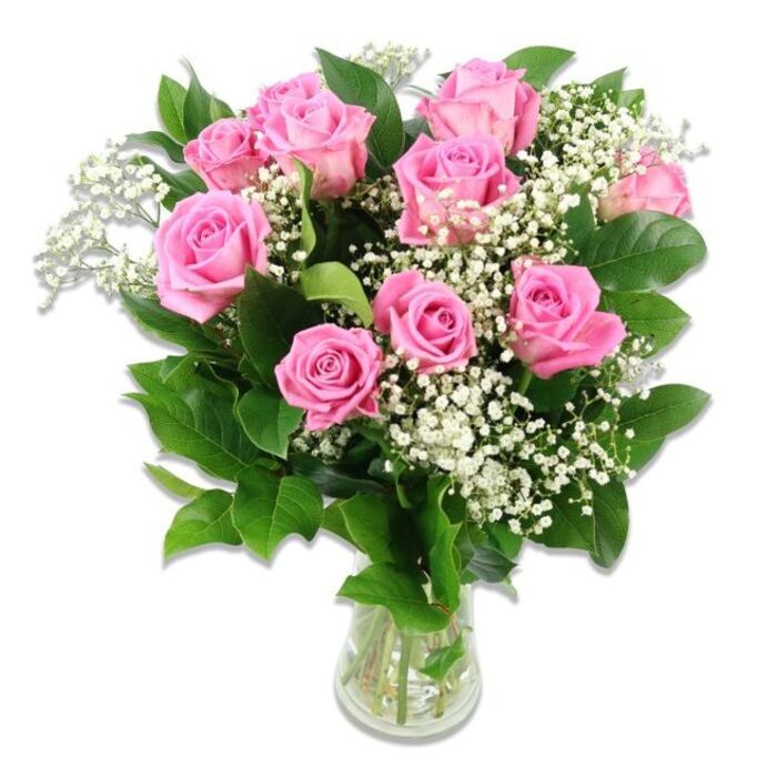In this image, a generous bouquet of pink roses and white baby's breath is styled in a simple clear glass vase, photographed against a pristine white background that lets every colour and contour stand out with serene clarity. There are roughly ten to twelve roses, each one a slightly different stage of bloom, which adds a natural rhythm to the arrangement: a few tight buds hinting at promise, several half-open flowers cupping their centers, and others unfurled into full rosettes of soft to mid-pink petals. Some petals deepen gently towards the core of the flower, giving a subtle ombré effect that adds dimension without disturbing the overall harmony. Winding between these pink blooms are airy sprays of baby's breath, their myriad tiny white flowers clustered along slender stems, creating a gauzy texture that softens the bolder rose shapes. Surrounding everything, dark green rose leaves and a touch of extra foliage frame the blossoms, their smooth, slightly serrated edges and polished surfaces catching the light. The stems in the vase are clearly visible under the waterline, aligned in a neat, slightly fanned bundle that speaks of careful arranging by an experienced florist serving New Barnet families. With no visible ribbons or extra embellishments, the focus remains entirely on the flowers themselves, radiating a gentle warmth well suited to welcoming a new baby home near New Barnet station or marking a christening at a local church. The composition feels balanced, fresh, and quietly joyful, blending the traditional romance of pink roses with the innocence suggested by the cloud-like baby's breath-an ideal visual for occasions centred on newborns, proud parents, and soft, affectionate celebrations.