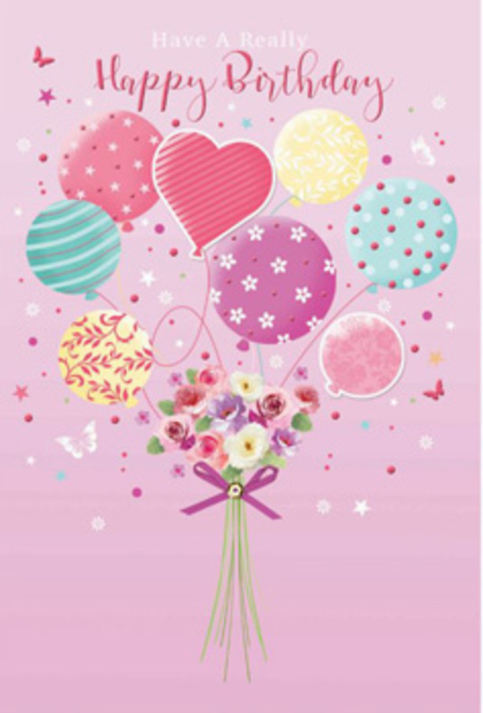 This birthday card illustration evokes the feeling of a gentle celebration taking place somewhere above the rooftops of New Barnet, perhaps just beyond the trees that line the paths towards Hadley Common. The scene is set against a soft pink canvas that glows with a quiet warmth, inviting the eye to rest and explore. Rising from the lower edge, a cluster of pastel balloons drifts upwards, their shapes overlapping in a playful dance. Each balloon is carefully detailed with patterns that feel both nostalgic and fresh: spiralling ribbons that curl around like streamers at a children's party, fun polka dots that seem to bounce, and tiny floral prints that echo the bouquet nestled below. Their hues-pale sunshine yellow, rosy fuchsia, seafoam green, and lavender-melt into one another, creating a dreamy, painterly effect. Below, a dainty hand-tied bouquet forms the base of the composition. Petite roses and soft daisy-like flowers bloom in creamy ivory, blush pink, and gentle mauve, their petals shaded as if touched by early morning light filtering through a New Barnet window. The blossoms are gathered with an elegant purple ribbon, its subtle sparkle suggesting the care of someone used to tying perfect bows in a busy local flower shop. Around the bouquet, small butterflies seem to flutter, joined by faint stars that shimmer like confetti caught mid-air. The entire artwork radiates a mood of tender joy, as though the card is ready to accompany a birthday delivery heading down Barnet High Street, carrying not just well wishes but the feeling of being truly cherished by someone who chose something thoughtfully crafted.