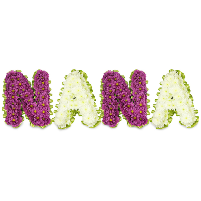 A carefully made sympathy tribute spells out 'NANA' in large, three-dimensional letters constructed from small, fresh flowers, presented against a bright white background to keep the focus entirely on the floral forms. The first 'N' is densely packed with chrysanthemum-like blooms in a saturated deep purple or magenta tone; each tiny flower shows a hint of a yellow centre, which, when viewed across the clustered surface, provides a soft, stippled contrast that enlivens the plush mass of petals. To its right, the first 'A' is formed from pristine white or cream chrysanthemums, their petals layered closely to produce a smooth, luminous plane that balances the intensity of the purple. The pattern repeats with the second 'N' in the same rich purple hue and the final 'A' returning to the gentle cream-white, creating an elegant rhythm across the word. A vivid lime-green border - either narrow ribbon or tightly arranged foliage - traces each letter's outline, its undulating edge framing the flowers and adding a note of fresh verdancy that brightens the composition. The letters sit slightly raised, throwing delicate shadows on the white backdrop and emphasizing their sculptural presence. This traditional funeral arrangement, often chosen to honour a beloved grandmother, reads as a tender and respectful memorial; as a New Barnet florist familiar with local wakes and services near Brunswick Park and the High Street, I see this piece accompanying a quiet ceremony or reclining gently at a graveside, conveying love, memory and floral craftsmanship.