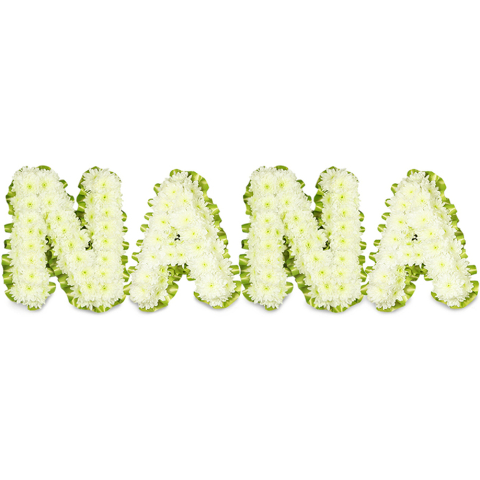 A dignified, three-dimensional floral tribute spells out NANA in bold capital letters, each form constructed from hundreds of pristine white chrysanthemum blooms tightly set together to create a plush, continuous surface. The chrysanthemums' small, layered petals give each letter a velvety texture and full-bodied silhouette, so that from a short distance the characters read as solid sculptural blocks of white. Around the perimeter of each letter a vivid border of fresh green foliage or carefully arranged ribbon traces the contours with bright definition, accentuating the readable form and lending a crisp, garden-fresh contrast to the purity of the blossoms. The lighting is clear and even, emphasizing the arrangement's depth and the meticulous workmanship: shadows fall gently into the recessed areas between petals while highlights bring out the delicate curvature of each bloom. This composition is crafted for moments of honor and mourning - suitable as a graveside display, chapel tribute, or central piece at a memorial service - and it speaks of respect, purity, and lasting affection for a grandmother or matriarch. Locally, the piece would resonate in New Barnet settings from quiet St. Albans Road remembrances to small family gatherings near Oakleigh Park and the paths around Hadley Wood; it carries the calm, reassuring tone expected by families in the area. The tactile softness of the chrysanthemums combined with the sharp green outline makes this tribute both comforting to approach and formally expressive, a carefully made symbol of love and farewell.