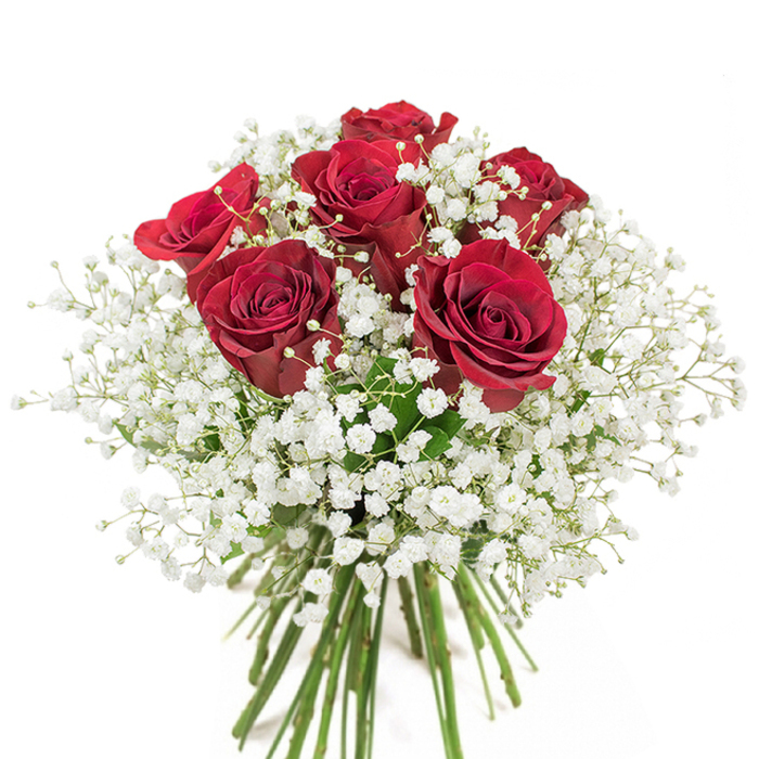 As a florist who tends to orders across New Barnet, I take particular pleasure in arranging a classic composition of about eighteen to twenty rich red roses nestled in soft sprays of white baby's breath, all gathered into a lush, rounded bouquet and placed in a clear glass vase. Each rose is chosen for its depth of crimson and open, velvety petals; held together, they create a dense, luxurious mass of colour while the gypsophila spills in light, whispering clusters that give the arrangement air and movement. The clear vase reveals the tidy length of the green stems and water, grounding the floral head with an honest, garden-fresh feel. Photographed against a crisp white backdrop in bright natural light, the petal surfaces glow and the tiny white flowers pick up shadows that accentuate their delicate form. I often imagine delivering this kind of bouquet to neighbours around New Barnet station, to a friend hosting a small dinner near Brunswick Park, or as a romantic surprise left on a doorstep off Station Road; it reads as a considered, heartfelt message. The tactile contrast-the velvet of the roses against the gossamer texture of the gypsophila-creates a sensory experience that is both luxuriant and tender. Crafted with attention to balance and longevity, this arrangement conveys affection, passion, and the quiet assurance of traditional floral artistry, suited to anniversaries, declarations of love, or simply to brighten a familiar New Barnet home.