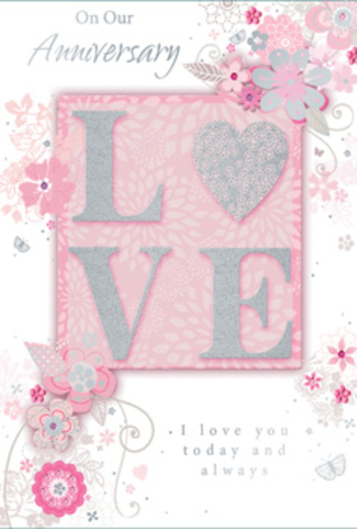 In this image, an anniversary card is the sole focus, lying neatly against a soft, neutral surface that could easily be a sideboard in a New Barnet living room, waiting to be propped next to a fresh vase of flowers. The card is washed in a tender palette of blush pink, pearlescent white and pale grey, with glints of silver that shimmer as the light moves across them. At its heart, the word LOVE is rendered in raised, glitter-touched letters, each stroke slightly rounded and textured. The glitter is finely milled, so it sparkles gently rather than glaring, reminiscent of the way early morning light dances on frosted petals in a winter bouquet. The letters sit on a blush-tinted panel, subtly framed, making the centre motif feel like a cherished photograph or keepsake. Flowing around this are delicate blooms and leafy sprigs, drawn in elegant, stylised lines with soft shading. The flowers, in tones of blush, ivory and gentle grey, echo the kind of romantic arrangements couples in New Barnet might order to mark an anniversary, with sweeping shapes reminiscent of roses, lisianthus and tiny filler flowers. Curving vines and tendrils curl across the surface, adding rhythm and a sense of gentle motion, as if a light breeze were passing through. Fine silver accents highlight certain petals and leaves, echoing the sheen of floral wrap or satin ribbon. The overall mood is calm and intimate, like a quiet evening at home after a celebratory meal on Station Road, with the printed message in graceful script expressing lasting affection, shared memories and continuing commitment.