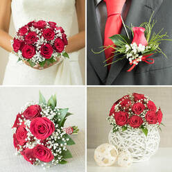 This detailed four-part collage presents a cohesive red rose and baby's breath wedding theme, the kind of timeless style often requested by couples marrying around New Barnet and the nearby green spaces. In the top-left panel, a bride dressed in an elegant white lace gown holds a classic round bouquet, densely packed with velvety crimson roses. Each rose is wrapped in a halo of airy, white gypsophila, with small flashes of glossy green leaves adding structure and contrast. The bouquet sits naturally against her bodice, its rich colour and texture capturing that mix of excitement and calm just before the ceremony. To the right, the top-right image focuses on the groom's boutonniere pinned neatly to a dark grey suit jacket, paired with a crisp white shirt and vivid red tie. The boutonniere consists of a single red rosebud framed by baby's breath, slender green leaves, and a few strands of ornamental grass, tied at the base with a tidy red satin ribbon so it mirrors the bride's flowers without overwhelming his lapel. The bottom-left panel shows another lush bouquet resting on a pale, subtly textured surface, its open red roses and plentiful gypsophila arranged in a generous, rounded shape, the stems bound with red and white striped twine that hints at careful, handcrafted design. Finally, the bottom-right panel draws the eye to a charming table centerpiece: a compact mound of red roses and baby's breath rising from an airy, white spherical vase woven in a lattice pattern, flanked by two smaller, natural-toned decorative spheres. Together, these photographs convey a full wedding story, from bouquets and buttonholes to reception tables, all harmonised through one romantic floral palette.