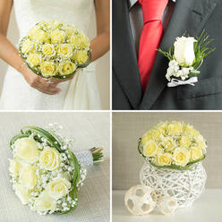 Caught in soft, diffused light, this boutonnière reads like a delicate, miniature love note pinned to a lapel. A single pale yellow rose sits proudly at the centre, its compact bloom velvety and refined, accompanied by whispery sprigs of baby's breath and narrow green accents that add an airy, organic feel. The small cluster is bound neatly with a crisp white ribbon, the smoothness of the fabric contrasting with the rose's plush petals and the feather-light texture of the gypsophila. Against a smart black jacket and a vivid red tie the boutonnière's pale warmth becomes quietly striking - the soft yellow suggesting calm affection and the red tie signalling the day's lively joy. There is a tactile poetry here: the gentle give of the rose, the papery snap of the greenery, the slick ribbon knot that holds everything with discreet precision. The scent is subtle, an intimate whisper rather than a proclamation, meant to be noticed in a close conversation or a greeting at a doorway. I picture this pinned on a groom leaving for a ceremony near New Barnet station or stepping into photos by Brunswick Park - a tiny, crafted detail that harmonises with formal dress while reflecting the informal calm of local weddings. As a florist I take pride in these small compositions: they are concentrated stories of care, scaled down but no less meaningful, offering the wearer a fragrant, handcrafted token of the day's sentiment and style.