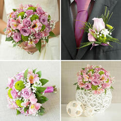 This four-panel wedding collage captures a romantic pink and green theme, styled as if for a local ceremony in New Barnet, where soft light and gentle colours feel right at home. In the top-left panel, a bride's white lace gown is partially visible as she holds a densely packed round bouquet, the blooms pressed together in a generous dome. Pale pink and lavender roses, some just beginning to open and others fully expanded, mingle with pops of lime-green button chrysanthemums. Between them, slender stems of light pink alstroemeria, patterned with tiny yellow speckles, and clouds of white baby's breath add texture and a sense of movement, all wrapped in deep green foliage that frames the composition. The top-right panel shifts to a groom's boutonniere on a charcoal grey jacket, the fuchsia tie beneath drawing out the rosy tones of a single blush-pink rosebud. Around it sit small green chrysanthemums, filigree sprigs of baby's breath, and curling blades of decorative grass, tied with a matching pink ribbon that feels quietly refined. In the bottom-left panel, a similar bouquet lies horizontally on a pale beige, linen-like fabric, perhaps waiting on a dressing table in a New Barnet townhouse before the bridal party leaves for the venue. Its stems are bound tightly with bright fuchsia ribbon, revealing the neat, spiralled structure underneath the blooms. In the bottom-right panel, a rounded centerpiece sits on a white surface, the same roses, button chrysanthemums, alstroemeria, and baby's breath gathered into a decorative white sphere-shaped vase with a woven lattice pattern, flanked by two pale, woven decorative balls for a soft, contemporary tablescape.