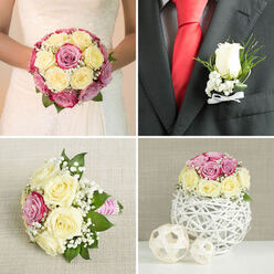 A refined four-panel collage captures a coordinated wedding flower story, as though designed for a ceremony taking place near the leafy edges of New Barnet and Monken Hadley Common. In the top left, the bride's torso is framed in soft, flattering light; her white dress with delicate lace on the bodice contrasts beautifully with the compact bouquet she holds close. The bouquet is round and full, built from cream and pale yellow roses interspersed with deeper pink and magenta blooms, each petal layered and velvety. White baby's breath glimmers in the gaps, and discreet green leaves add depth, creating a sense of calm elegance. Top right, the groom's dark grey suit and vibrant red silk tie set a more structured tone. At his lapel, a single creamy white rosebud boutonniere, edged with baby's breath and a neat touch of greenery, is secured with a small white satin bow, the craftsmanship speaking to the care taken with every detail. The bottom left image focuses on a bridesmaid's posy laid on light, textured linen, softer in shape than the bridal bouquet but clearly related. Cream and pale yellow roses share space with brighter pink roses, surrounded by frothy white filler flowers and lush foliage; the stems are wrapped in a playful pink and white striped ribbon, ideal for attendants walking up an aisle in a New Barnet church or registry office. In the bottom right, a round rose centerpiece, mirroring the bridal bouquet, perches atop a white wicker-style sphere vase, flanked by two smaller woven balls, ready to grace a reception table arranged by Flowers New Barnet for a relaxed yet polished local celebration.