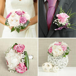 A close view of the groom's boutonnière shows a miniature love letter in flowers, crafted with the same care you might expect from an experienced New Barnet florist preparing a wedding near Victoria Park. At the heart is a single rose in a soft lilac shade, the petals perfectly formed and gently spiralled, polished as if brushed by morning dew. It's nestled against a sprig of fine, feathery greenery that adds a fresh, woodland touch, and tiny tufts of white baby's breath that hover like small clouds, softening every edge. A slender lavender ribbon wraps the stems, its satin surface catching the light and creating a subtle sheen that contrasts beautifully with the matte texture of the foliage. The boutonnière is pinned against what appears to be a dark suit lapel, the muted fabric allowing the pastel tones to glow with quiet confidence. Every detail feels intentional: the balance of colour, the proportion of flower to foliage, the way the rose is angled slightly upward as if looking towards the aisle. Though small, it clearly mirrors the bridal bouquet's palette of lilacs, whites, and hints of blush, creating a visual link between the couple, like two chapters of the same story. There is nothing overdone here-just thoughtful simplicity, a fragrant talisman of joy that will sit close to the groom's heart as he greets guests, stands at the altar, and walks out into the New Barnet streets as a newly married man.