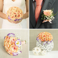 Picture a carefully curated wedding ensemble presented across four close-up frames - a coordinated study in peach, violet-edged white, and delicate ivory. The top-left panel shows the bride holding a compact, rounded bouquet against her ivory dress; at the heart are pale peach roses, lush and full, circling each other like whispered vows, while white lisianthus edged with purple create playful contrast and tiny sprays of baby's breath lighten the composition. The bride's hands, softly manicured, hold a handle wrapped discreetly in blush ribbon, its subtle sheen contrasting with the matte petals. Top-right tightens the story on the groom: pinned to the charcoal suit lapel is a singular peach rose boutonniere, paired with slivers of greenery and baby's breath, secured with a neat peach ribbon that mirrors a matching tie - an understated, modern nod to the bouquet. Bottom-left offers a second bouquet view lying on textured cloth; slightly smaller, it could be a bridesmaid's posy, its stems bound in ribbon and accented with pearl-headed pins that twinkle under warm light. Bottom-right completes the sequence with a reception centerpiece in a white, woven basket vase, the same blooms arranged in a rounded dome beside two light, woven decorative orbs - an arrangement that reads beautifully on neutral table linens. As a florist familiar with New Barnet mornings near Victoria Recreation Ground, I can almost smell the soft, floral sweetness and sense how this palette carries a calm, hopeful mood across ceremony and celebration.