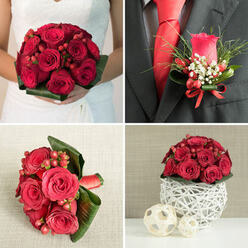 This four-part collage presents a coordinated suite of red rose wedding flowers, as if prepared for a stylish New Barnet couple who love timeless romance. In the top-left image, a bride in a white dress holds a tight, rounded bouquet close to her waist, an intense cluster of crimson red roses interlaced with polished red hypericum berries. Around the base, a smooth ring of deep green foliage forms a tidy collar, giving the bouquet a classic silhouette that would suit a ceremony near New Barnet station or a quiet church off East Barnet Road. The top-right panel moves in closer to the groom's charcoal grey suit jacket, where a single red rosebud boutonniere is pinned neatly to the lapel. Slim, ruscus-like greenery and tiny sprays of white gypsophila peek out from behind the rose, while a few red berries echo the bridal bouquet; everything is tied off with a delicate red satin bow to match the vivid red tie and spotless white shirt. In the bottom-left frame, a secondary bouquet of red roses and berries rests on textured beige fabric. Its character is bolder, framed by broad, sculptural dark green leaves that form swooping shapes around the flowers, with the stems finished in red ribbon, reminiscent of designs delivered to homes along Lyonsdown Road. The bottom-right image showcases a dome-shaped centrepiece of red roses and berries set atop a white, intricately woven spherical base made from natural fibres, flanked by two smaller wooden spheres. Placed on a smooth pale surface against a soft beige and grey wall, it evokes the intimacy of a New Barnet reception, where every table shares the same passionate red story.