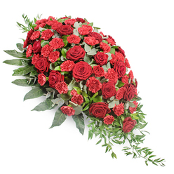 Set against a clean, white background, this substantial funeral spray forms an elegant, elongated teardrop that seems to flow gently from left to right, like a final gesture of farewell. The upper left of the arrangement is lush and full, brimming with deep red roses opened to their prime, each velvety petal curling softly outward in classic, cup-shaped blooms. Between them, clusters of red carnations and spray carnations create a tapestry of ruffled textures, their brighter scarlet tones lifting and enlivening the darker roses. The mass of red flowers feels both strong and tender, an expression of devotion and respect often chosen for casket tops at quiet services in New Barnet or nearby Whetstone and High Barnet.   

Around this core of red blooms, a wide collar of foliage adds volume and calm. Large, dark green leaves provide a steady backdrop, holding the flowers securely in place and grounding the design. Threaded through the centre and edges are soft, silvery eucalyptus leaves, their rounded shapes catching the light and introducing a gentle, smoky green note that softens the intensity of the crimson flowers. Along the lower right, trailing strands of lighter greenery drift outward and down, creating a sense of gentle movement, as though the arrangement is slowly bowing in tribute. The overall feel is dignified and peaceful rather than showy, ideal for a memorial in one of New Barnet's local churches or crematorium chapels. This thoughtfully crafted spray offers a quiet, steady presence, carrying memories, gratitude, and affection to a final resting place.