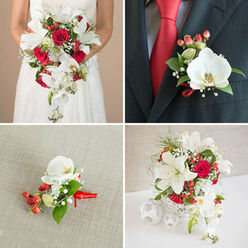 Captured like a small story in four frames, this image suite shows a harmonised wedding floral concept in striking red, crisp white and verdant green. The bride's bouquet in the top-left panel falls in a gentle cascade, a choreography of open white lilies and velvet-red roses underscored by trailing white phalaenopsis orchids that tumble over the lace of her classic white gown. Intermittent sprays of Gypsophila lend softness while tightly clustered hypericum berries provide bright pops and a tactile, waxy contrast against leafy greens and fine, feathery foliage. In the top-right panel, the groom's boutonniere on a charcoal jacket reads with quiet confidence: one flawless phalaenopsis bloom held with two clusters of red berries, a whisper of baby's breath and a small loop of red ribbon that mirrors his tie - a detail that ties the couple's palette together. The bottom-left frame offers a tender, intimate study of the corsage, resting on textured beige linen; the orchid's smooth petals and the berries' glossy surfaces catch the light, suggesting a delicate scent of lilies and a faint sweetness from the berries. The bottom-right presents a centerpiece arranged in a white woven vase, sitting among spherical white decorations; the composition repeats the same elements - lilies, roses, orchids, hypericum and assorted greenery - packed with practiced balance and airy movement. The set feels curated with care, perfect for a refined celebration where every floral piece echoes the others, suitable for venues around Oakleigh Park or a chapel near Victoria Recreation Ground.