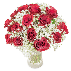 A luxurious, rounded arrangement of eighteen to twenty deep crimson roses embraced by clouds of white baby's breath, beautifully composed in a clear glass vase so the long green stems are visible and part of the design. Each rose is presented fully open, the layered, velvety petals forming dramatic, jewel-like centers that contrast with the frothy gypsophila surrounding them; the tiny white blossoms act as a delicate veil that softens edges and allows the rich red to sing without overwhelming. The lighting is bright and even, shot against a clean white background so the colours and textures read clearly-the smoothness of the rose petals, the airy fragility of the baby's breath, and the cool gloss of glass. As someone who arranges flowers for neighbours in New Barnet, from Victoria Road flats to houses near Monken Hadley Common, I assemble bouquets like this to feel balanced from every angle and long-lasting for bedside vases or dining-table centrepieces. The implied scent is classic-a warm rose perfume lifted by a subtle green note from the gypsophila-giving the bouquet a welcoming presence. This design speaks quietly of devotion and celebration, ideal for anniversaries, romantic surprises, or to mark a birthday; it is crafted to convey warmth and grace without fuss, an enduring floral statement that feels intimate and thoughtfully made for the local homes and little moments of New Barnet life.