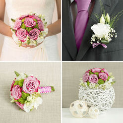 A carefully styled wedding floral set is shown as if laid out on a dressing table in New Barnet just before the ceremony begins. At the centre, a lush round bridal bouquet is dominated by mauve-pink roses, each petal soft as silk and edged with a gentle curl that suggests they have just opened to their fullest. The roses form a rich, romantic core, surrounded by clusters of green button chrysanthemums that create lively, rounded accents, like miniature hedgerows brightening the scene. Cream and white lisianthus nestle between them, their delicate, layered petals softening every edge and adding a cloud-like lightness to the composition. Subtle foliage and elongated leaves slip out from beneath the blooms, giving the bouquet a graceful outline and evoking the feeling of a morning stroll through the greenery near Victoria Park. The stems are smoothly bound in pink and white satin ribbon, wrapped with precision so they sit tidily in the bride's hands, offering both comfort and control as she walks down the aisle. To one side, a groom's boutonnière echoes the bouquet's elegance, centred around a single pure white flower accented by feathery greenery and a hint of lavender detail. The lighting glides gently over each bloom, highlighting the natural sheen of the petals and the contrast between creamy whites, mauves, and fresh greens. It feels like a captured moment of quiet joy before guests arrive, a testament to floral craftsmanship and the intimacy of a New Barnet celebration.