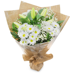 A luminous hand-tied bouquet in crisp white and verdant green, captured upright on a clean white surface, thoughtfully arranged by a florist who knows New Barnet's gentle rhythms near Station Road. The dominant blooms are bright white chrysanthemums, each with many slender petals unfurling around a pale yellow centre that lends the arrangement a sunny, reassuring presence. Threaded among them are several long, pale green-yellow lily buds-some with faint striping-held upright as small promises of fuller blooms to come; they introduce a refined verticality and subtle drama to the cluster. Sprigs of airy baby's breath (Gypsophila) drift through the bouquet, their tiny white flowers creating a cloud-like softness that mellows the stronger shapes and adds delicate texture. Deep green leaves and stems provide contrast and depth, their glossy surfaces catching light and framing the whites with a fresh, garden-like feel. The bouquet is finished in an inner layer of natural, crinkled brown kraft paper, giving it an earthy, handmade look, and an outer clear cellophane wrap that protects and polished the presentation; the base is neatly gathered and tied to sit securely when carried. The overall scent is light and clean-a whisper of green stems and rain-tilled grass-perfect for conveying sympathy, congratulations, or a simple, heartfelt hello. Ideal for local delivery around New Barnet-near the station, the high street cafés, and quiet residential lanes-this bouquet is the kind of modest, sincere offering crafted with care by Flowers New Barnet for neighbours and visitors alike.