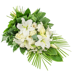 An elegant white and green funeral spray is shown against a crisp white backdrop, its diagonal, one-sided form flowing gently from a fuller top left towards a tapered lower right. The main focus is a cluster of impressive white Oriental lilies, some fully open with wide, curved petals and prominent yellow-green stamens, others still in bud, their smooth, closed forms adding height and promise. Around them, creamy white roses, soft white carnations with their frilled petals, and neat daisy-like Gerberas with pale centres gather together like a quiet congregation of blooms. Tiny filler flowers in soft white are threaded throughout, giving the design a fine, airy texture. Surrounding this core of blossoms, the foliage is lush and varied: glossy dark green leaves provide a solid frame, feathery fern fronds soften the edges, and round, bluish eucalyptus leaves lend a gentle, cool tone to the composition. At the top, long, slender leaves are artfully folded and bound to draw the eye upward, while from the lower right a fan of slim palm fronds sweeps outward, creating a graceful, elongated silhouette. The overall impression is one of calm, dignity, and quiet strength, perfectly suited to rest beside a casket or at a memorial table in a New Barnet chapel or funeral home. The spray's white petals and rich greenery feel fresh and thoughtfully arranged, echoing the care of a local florist who understands how flowers can speak when words feel too small, offering comfort and a soft place for the eye to rest during a time of loss.