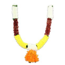 Framed simply on a white backdrop, this U-shaped ceremonial garland presents a studied sequence of colour and craft that a local florist would describe with affectionate detail. The top of each arm is composed of tightly threaded creamy-white blooms-small, plush chrysanthemum-like forms that read soft and pristine against the stark background. Directly beneath, rich reddish-brown segments introduce a grounding, almost terracotta tone; their layered, slightly flattened texture suggests dried petals or handcrafted paper elements, giving the garland an artisanal weight. From those warm anchors the curve flows into a broad swathe of bright, sunlit yellow: dense, marigold-reminiscent puffs packed together to form the principal arc of the U. Tiny flashes of bright green mark the transitions, like stitched leaves or ribbon accents, adding compositional clarity. Suspended at the central dip, a substantial pendant of ruffled orange blooms anchors the design-a multi-layered, almost silk-ruffled cluster that becomes the visual and emotive heart of the piece.

Made from resilient artificial materials intended for repeated use, the garland's surfaces suggest varying tactile notes-satiny softness in the whites, dry resilience in the russet bands, and buoyant plushness in the yellow-orange clusters. The overall mood balances celebration and devotion, ideal for doorway welcome pieces, puja altars, or wedding mandaps. Flowers New Barnet often supplies similar torans for local homes around New Barnet High Street, Oakleigh Park and nearby community halls, providing a reusable, vibrant option for Diwali, Ganesh Chaturthi, Onam or housewarming ceremonies.