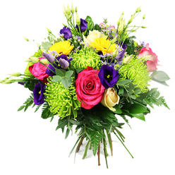 A densely packed, round hand-tied bouquet sits against a clean white background, every petal and leaf clearly visible, like a fresh creation just lifted from a workbench in a New Barnet flower studio. At its heart, rich hot pink roses open fully, their layered, velvety petals forming generous rosettes that draw the eye immediately. Nestled closely beside them, lime green spider chrysanthemums create a lively contrast; their long, slender petals stretch out in fine, feathery spokes, adding a sense of energy and modern flair. Deep indigo and royal purple lisianthus blooms are scattered throughout, some forming soft, cup-shaped flowers, others still held in smooth buds that hint at colour yet to unfold. Cheerful yellow gerbera daisies punctuate the design, each flat, daisy-like face radiating warmth, reminiscent of sunshine over the rooftops near New Barnet station. A single creamy, pale yellow rose bud peeks out from the foliage, its tightly wrapped petals offering a more understated moment of beauty among the brighter hues. Delicate filler flowers in soft pinks and lilac tones thread through the arrangement, while slender green buds and stems add height and a sense of natural growth. Around the outside, lush greenery provides a rich, verdant frame: dark, glossy leaves, airy fern fronds, and rounded, eucalyptus-style leaves overlap to create depth and texture. The stems are gathered firmly in a traditional hand-tied finish, ready to be placed in water or delivered as is to a welcoming hallway or dining table. The overall impression is of a joyful, celebratory bouquet, perfect for same-day delivery in New Barnet when you want to send bright, uplifting wishes.