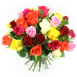 A richly packed bouquet of freshly cut roses fills the frame, presented against a pure white background that makes the colours glow as if lit by soft daylight over New Barnet High Street. The arrangement is rounded and abundant, with every stem angled to create a smooth, domed silhouette that feels both luxurious and welcoming. Dozens of roses in deep ruby, burgundy, bright orange, warm coral, and sunshine yellow mingle with pastel pink, bold fuchsia, and creamy white blooms, each rosette of petals opening in a spiral that looks almost velvety to the touch. Some flowers are fully open, revealing their plush hearts, while others are still partially closed, giving a sense of movement and unfolding beauty. Slender glimpses of dark green leaves weave between the blossoms, providing structure and a cool backdrop for the more intense tones, reminiscent of the natural greenery in nearby Victoria Park. The stems beneath are left gracefully long and are gathered into a tidy bundle, secured with a green and white checkered ribbon that suggests the bouquet has been carefully hand-tied, ready for same-day delivery to homes and offices around New Barnet. The bright, even lighting picks up subtle variations in colour, from the warm undertones in the orange roses to the soft blush at the edges of the lighter petals, and creates gentle shadows that emphasise the fullness of the design. This image embodies the joy of giving flowers for birthdays, anniversaries, or simple thank-yous, and reflects the practiced eye of a local florist who knows how to coax harmony from a lively, celebratory palette.