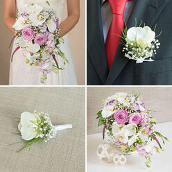 This collage of four wedding florals captures a complete, harmoniously styled suite of arrangements in soft white, pink and lavender, the sort of design often chosen by couples marrying around New Barnet. In the top-left image, the focus rests on a bride's torso and hands as she cradles a cascading bouquet against her white lace dress. The bouquet overflows with white phalaenopsis orchids, their wide, silky petals and yellow centres framed by blush pink garden roses, pale lavender stock, clouds of baby's breath and layers of rich green foliage. Deeper, spiky magenta blooms are threaded through the cascade, giving a lively accent to the otherwise romantic palette as the flowers tumble in a graceful, elongated shape. The top-right photo moves in on the groom's dark suit jacket, where a crisp white orchid boutonniere is pinned neatly to the lapel. The single orchid is accompanied by fine sprigs of gypsophila and slim green stems, all secured with a narrow white satin ribbon that mirrors the bride's bouquet and ties the wedding party together. Bottom-left, this boutonniere is shown resting on a softly textured beige surface, perhaps a linen cloth, highlighting the smooth orchid petals, tiny white baby's breath blossoms and careful ribbon wrapping that an experienced florist from Flowers New Barnet would take pride in. The bottom-right frame presents a coordinating table centerpiece set on a white surface. It blooms from a white woven or lattice-effect cylindrical vase, filled with white orchids, blush roses, lilac stock, gypsophila and greenery, while rich pink spiky flowers peek through. Two decorative white woven spheres in different sizes sit nearby, completing an elegant reception display suitable for a local New Barnet venue or intimate home gathering.