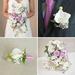 A refined four-panel collage presents a complete wedding flower story in a soft pink, purple, and white palette, designed with the thoughtful craftsmanship you might find from a local New Barnet florist. In the top-left image, a bride wearing a white strapless gown is partially visible, her arms wrapped around a cascading bouquet that feels both luxurious and weightless. Long stems of white phalaenopsis orchids flow gracefully downward, surrounded by blush pink garden roses, light lavender accents, and tiny clouds of baby's breath, with strands of greenery weaving through to create gentle movement, reminiscent of a walk through nearby Oakhill Park. The top-right panel zooms into the groom's dark grey suit, where a single white orchid is fashioned into a distinguished boutonniere. It's accented with tiny lavender filler flowers and subtle green leaves, all bound with a slender purple ribbon that pairs effortlessly with his magenta tie, quietly linking his look to the bridal bouquet. In the bottom-left image, a matching boutonniere is laid out on textured beige fabric, almost like a flat-lay from a wedding morning in New Barnet. The partially open white phalaenopsis bloom is framed by sprigs of baby's breath and a touch of greenery, tied neatly with a bright pink ribbon that adds a joyful flash of colour. The bottom-right panel shows a statement cascading arrangement in a detailed white woven vase, overflowing with white orchids, roses in varying shades of pink and lavender, purple filler flowers, and baby's breath. Three white woven decorative spheres sit nearby, reinforcing the soft, romantic style and hinting at a coordinated reception design.