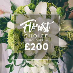 Arranged with the calm certainty of a real studio capture and the warmth of a neighbourhood florist, this Florist Choice Bouquet glows in white and lime under soft New Barnet light. The showpiece lilies rise with regal, untouched purity, their large petals unfurling delicately as if to invite a quiet sigh. They are anchored by lively greens-chartreuse clusters that read as modern, textural punctuation-reminiscent of the fresh produce markets along New Barnet High Street on a bright Saturday. The composition is punctuated by soft, white multi-petaled blooms, such as ranunculus or spray roses, whose layers lend volume and romance without heaviness. Dark green foliage, including eucalyptus and ruscus, threads throughout to give depth, movement, and a lush garden feel. The bouquet is clearly hand-tied, the stems gathered with care, and the scene is gently blurred behind it, with a figure in a light gown hinting at a wedding or formal event. In the center, a white frame carries Florist Choice Bouquet in elegant script, with a clean uppercase caption beneath and the price ?200 displayed in bold type. This arrangement is pitched as a premium gift, ideal for weddings, anniversaries, or milestone celebrations in New Barnet, offered with same-day delivery to local streets such as Monken Hadley, Oakleigh Road North, and the surrounding area, a small luxury that feels both timeless and of the moment.