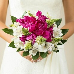 In this detailed close-up image, a bride stands in New Barnet with her bouquet held just at her waist, the flowers pressed against the clean, subtle texture of her white wedding gown. The arrangement is compact and rounded, dominated by large magenta and fuchsia peonies whose petals are densely ruffled, tumbling over one another in layers that look almost like finely gathered taffeta. Their rich colour anchors the design and draws the eye immediately to the centre of the bouquet. Nestled among these lush blooms are crisp white alstroemeria, each lily trumpet etched with fine, dark maroon speckles and slender lines that run deep into the throat of the flower, adding intricacy and an exotic note. Laced through the composition are spiky, bright green buds and structural filler flowers, some hinting at unopened Ornithogalum, which introduce a lively texture and a sense of movement, like new growth pushing through spring soil in nearby Hadley Green. A collar of broad, glossy, dark green leaves encircles the bouquet, giving it definition and framing the vivid colours, while also suggesting the freshness of a hand-tied design prepared that morning. The bride's hands, visible at the base, hold the stems with fingers lightly curved, nails painted in a soft, pastel pink that echoes the romance of the peonies. The background falls away into a gentle blur of pale tones, so the viewer is drawn entirely to the interplay of colour, texture, and form. It feels like an elegant yet spirited choice, ideal for New Barnet couples seeking a wedding bouquet that balances classic romance with bold personality and works beautifully for local ceremonies and reception photos alike.