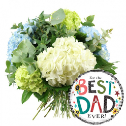 This image shows a thoughtfully composed Father's Day bouquet and balloon set, the kind of gift a family in New Barnet might send to honour a much-loved dad. Against a clean white backdrop, the flowers occupy the upper left and centre, forming a full, rounded dome of hydrangeas. The eye is drawn first to the generous clusters of creamy white blooms, their many small petals overlapping to create a pillowy, almost cloud-like effect that feels gentle and reassuring. Around them, light blue hydrangeas introduce a soothing cool tone, like the soft blue of a clear morning sky over Station Road, while vivid lime green heads tucked near the bottom and edges bring energy and a modern, uplifting twist. Threaded throughout are stems of silvery eucalyptus and deep green foliage, some leaves rounded and matte, others more elongated and glossy, giving the bouquet depth, structure, and a sense of natural movement. The stems are left exposed and gathered neatly at the base, reinforcing the hand-tied, freshly prepared look you'd expect from an experienced local florist. To the lower right, overlapping the bouquet, a circular foil balloon adds a playful contrast. Its white central panel is bordered by bold black and white stripes at the top and bottom, framing the cheerful message "For the BEST DAD EVER!" The words "BEST" and "DAD" are picked out in a mix of bright colours and patterns-reds, teals, greens, polka dots, and stripes-while smaller black text spells out "For the" and "EVER!" around them. Scattered stars and colourful confetti-like dots dance across the balloon, and a small "No. 1" rosette icon sits proudly beside the lettering, echoing the idea of dad as a winner in his family's eyes. Together, the hydrangeas and balloon create a warm, celebratory scene, perfectly suited to same-day delivery across New Barnet for Father's Day, a birthday, or simply to say thank you.