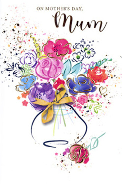 This Mother's Day card artwork presents a vibrant, free-flowing bouquet painted in expressive watercolour, as if a local New Barnet florist had translated their favourite spring arrangement straight onto paper. Dominant strokes of vivid pink and rich cerise blossoms take centre stage, their petals loosely defined by indigo and deep violet outlines that curl and loop with painterly ease. Around them, softer blue, lilac, and lavender blooms provide pockets of calm, echoing the gentle, cool light you might notice strolling through Monken Hadley Common on a mild May morning. Fine metallic gold accents skim the edges of petals and leaves, and sometimes dart across the composition in small, glimmering marks, creating the effect of sunlight dancing on dew-kissed flowers freshly delivered to a doorstep near Station Road. The white background is left mostly untouched, allowing splashes and splatters of pigment to breathe; these scattered marks feel like petals tossed in celebration, or like the delighted scribbles a child might add to a hand-made card for Mum. At the base, a simple vase anchors the bouquet, painted in delicate, translucent washes that suggest glass or glazed ceramic, wrapped with a golden bow that hints at the craftsmanship found in carefully tied bouquets across New Barnet. Hearts and speckles float near the edges, framing the flowers in a halo of affection. Overall, the illustration balances energy with tenderness, representing not just flowers in a vase, but the layered gratitude, admiration, and warmth behind every Mother's Day message.