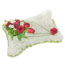 The image shows an elegant bereavement cushion shaped like a small rectangular pillow, its surface lovingly composed of hundreds of small white chrysanthemum blooms packed into a dense, velvety carpet. A slim band of pale green ribbon or foliage traces the pillow's border, peeking through to give a soft framed finish that balances the arrangement. Nestled at the upper-left corner is a lush spray of deep red flowers-several red roses in various stages from tight bud to open bloom, complemented by deep burgundy carnations whose frilled edges add textural depth. Intermingled are tiny white accents, probably freesias or spray chrysanthemums, which lift the richer tones and add a delicate fragrance. Rich green foliage-long, narrow leaves and feathery fronds-supports the cluster and creates tonal depth behind the blooms. From this cluster, thin, arching strands of bright green bear-grass or decorative wire extend diagonally across the chrysanthemum field, guiding the eye to a single, prominent red rose positioned toward the lower-right corner, quietly symbolising enduring love and remembrance. The photograph is lit with gentle, even lighting that softens shadows and highlights the plush texture of the white base and the velvety surfaces of the reds. As a classic memorial piece, this floral pillow evokes calm and respect, suitable for display at services in local New Barnet churches and funeral homes near Victoria Recreation Ground, where its restrained palette and careful craftsmanship convey comfort without ostentation.