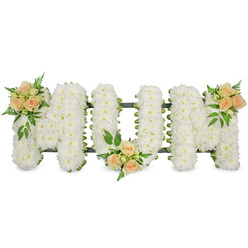 The image shows a graceful "MUM" funeral tribute arranged as three large, upright letters, each one completely carpeted in pristine white spray chrysanthemums. The flowers are packed so closely that no gaps can be seen, creating a smooth, pillowy texture that looks both soft and composed, like freshly fallen snow. Their crisp white petals stand out clearly against the bright white backdrop, while a narrow dark green edging, likely floral ribbon attached to a concealed frame, traces the outer lines of each letter and lends a quiet structure to the design. As your eye travels from left to right, three small groupings of roses bring warmth and colour to the composition. On the top left of the first "M", a cluster of peach and blush pink roses, some fully open and others still in bud, is nestled into the chrysanthemums, framed by sprigs of feathery fern and glossy darker leaves. A second cluster rests gently at the bottom centre of the "U", grounding the tribute and drawing attention to its curved shape. The third accent repeats the same peach and soft pink tones at the top right corner of the final "M", creating a sense of balance and completion. The mood is one of calm remembrance and heartfelt respect, the kind of personalised tribute a family in New Barnet might choose for a crematorium chapel or graveside service. Designed with the sensitivity of a florist who understands local families and their traditions, this arrangement quietly honours a beloved mother with purity, grace, and enduring love.