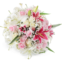 A lavish, rounded bouquet of mixed lilies and roses is shown isolated on a pure white background, as if resting on a light-filled counter in a New Barnet flower studio just off the high street. Dominating the arrangement are generous white lilies, their long, satin-like petals curling gracefully away from pale green centres, while unopened buds signal that the display will continue to evolve over the coming days. Nestled intimately among these lilies are pastel pink roses and warm cream roses, some tightly furled like little scrolls of silk, others fully opened to reveal soft, spiralling hearts that whisper of affection and devotion. Scattered through the bouquet are vivid fuchsia and magenta Oriental lilies, possibly Stargazers, their richly coloured petals flecked with deeper tones and crowned with bright yellow stamens, adding a bold, theatrical note that feels perfect for celebrations around New Barnet and Monken Hadley. All around, a generous scattering of baby's breath creates a fine, misty backdrop, its tiny white blooms softening the strong lines of the lilies and giving the design a romantic, cloud-like halo. Glimpses of green foliage peek out from beneath the blossoms, lending a natural balance and reinforcing the sense of freshly cut stems arranged with care. The overall impression, enhanced by bright, even lighting, is one of freshness, abundance, and quiet luxury. This is the kind of hand-crafted bouquet that would be chosen to mark an engagement, a special birthday near Hadley Common, or a heartfelt thank-you, delivered across New Barnet with the promise of beauty and gentle fragrance.
